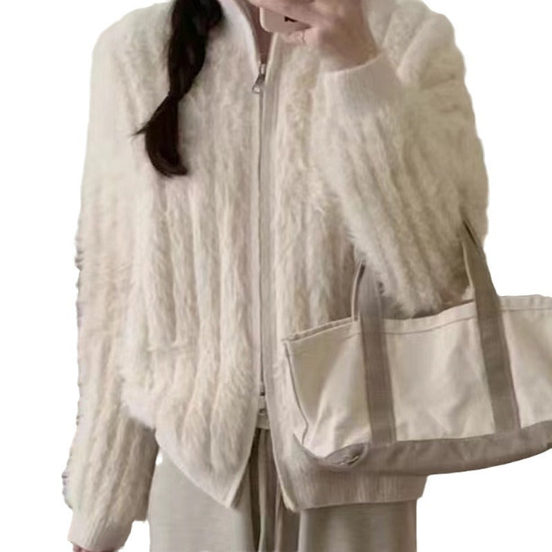 Women Knitted Cardigan Imitated Mink Plush Coat Jacket Loose Knitted Cardigan