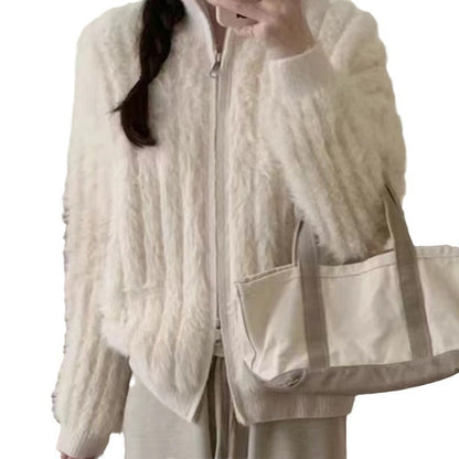 Women Knitted Cardigan Imitated Mink Plush Coat Jacket Loose Knitted Cardigan