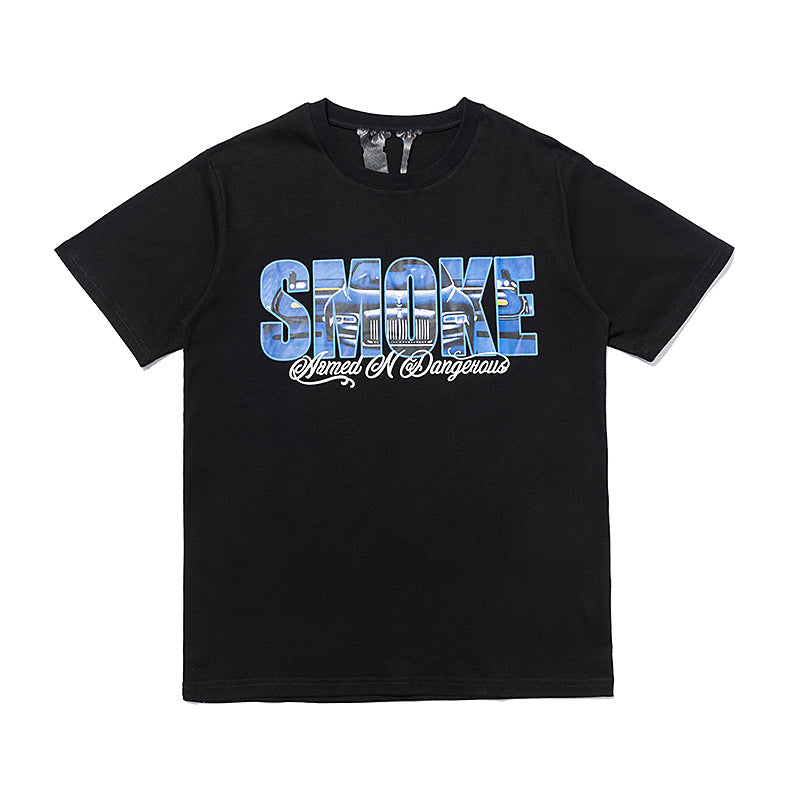 Vlone T Shirts V-Shaped Female Somke Printed Short Sleeve T-shirt Men and Women Hip Hop Couple Half Sleeve