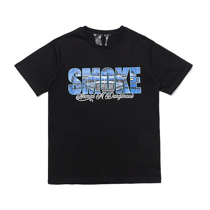 Vlone T Shirts V-Shaped Female Somke Printed Short Sleeve T-shirt Men and Women Hip Hop Couple Half Sleeve