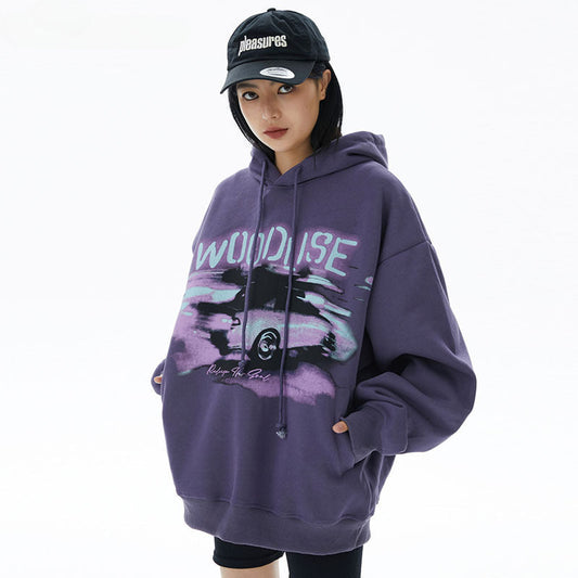 Men Hoodie Vintage Printed round Neck Hooded Sweater