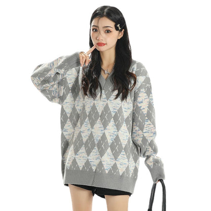 Women Sweater Vintage Diamond Plaid Knitted Sweater