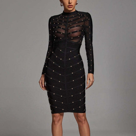 Women Evening Dress Mesh Long Sleeve Dress Bandage One-Piece Dress