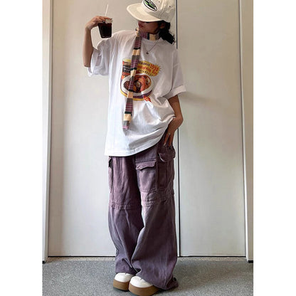 Unisex T-Shirts PureyTalk American Burger Printed Old Loose Casual T-Shirt