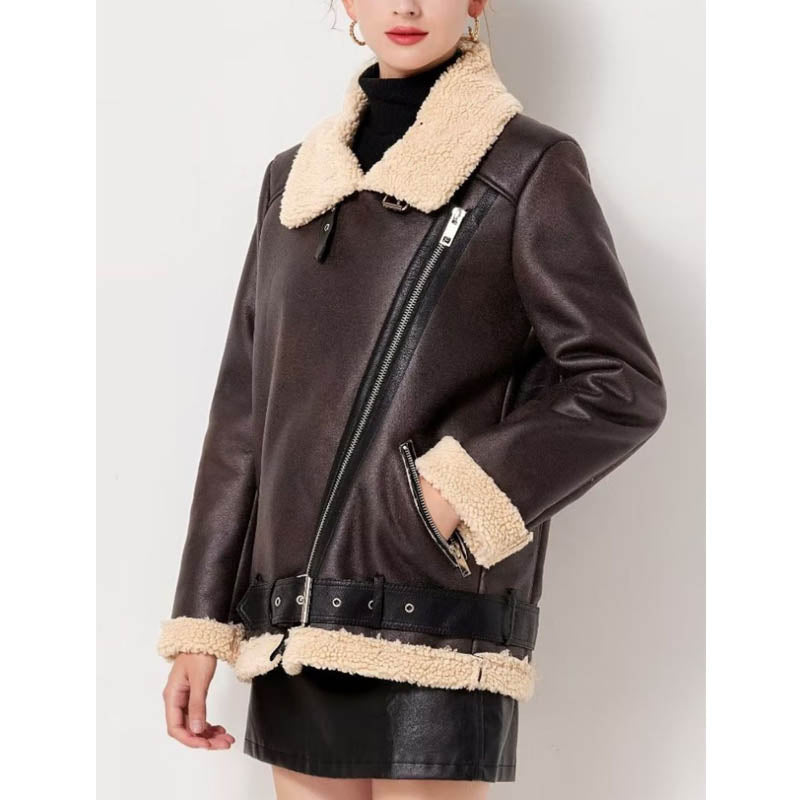 Women Cotton Coat Stand Collar Zipper Leather Coat Warm