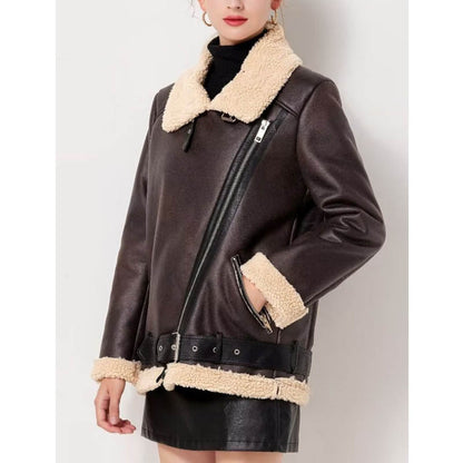 Women Cotton Coat Stand Collar Zipper Leather Coat Warm