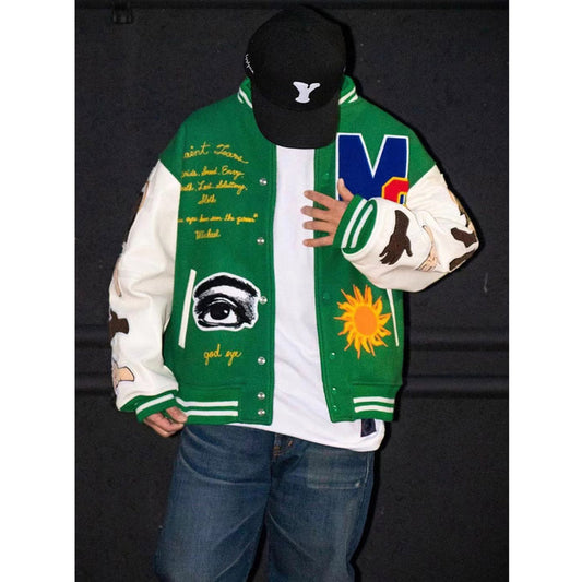 Unisex Baseball Jersey Saint Michael Jesus Embroidered Badge Loose Baseball Jacket