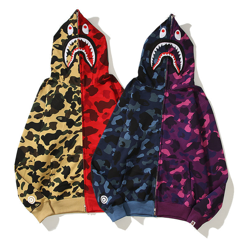 Split Color Designer Shark Full Zip Up Unisex Hoodie Y2K Style Streetwear - High-Quality Material - Menswear, Sweaters