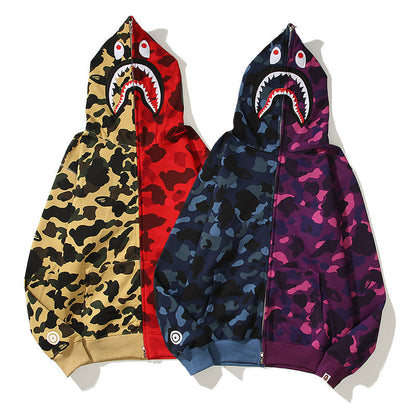Split Color Designer Shark Full Zip Up Unisex Hoodie Y2K Style Streetwear - High-Quality Material - Menswear, Sweaters