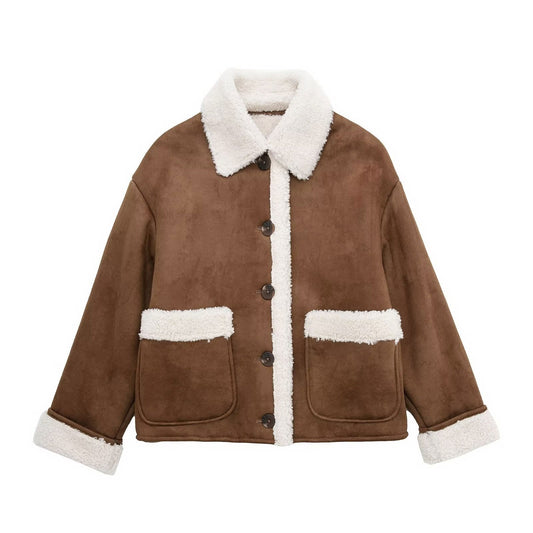 Women Cotton Coat Single Breasted Fleece Warm Loose Jacket