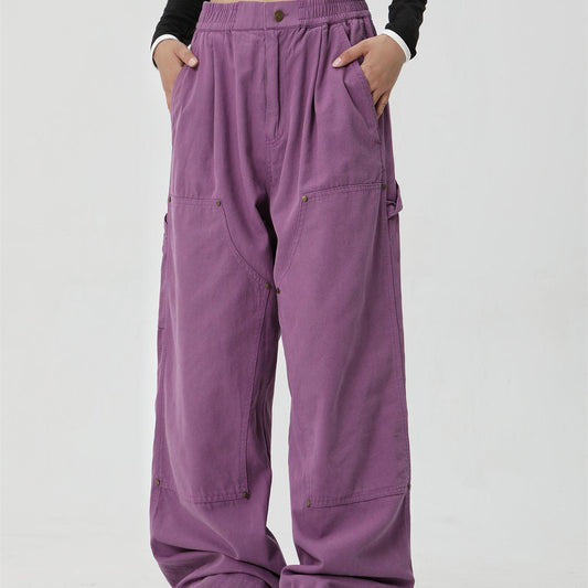 Men Sweatpants Retro Workwear Casual Pants Men Vintage Loose Wide Leg Mop Pants Solid Color Straight-Leg Trousers