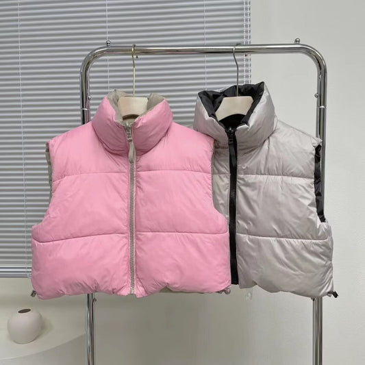 Women Cotton Coat Thickened Solid Color Zipped Stand Collar Vest