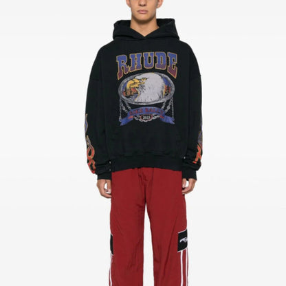 Rhude Hoodie Alphabet Eagle Flame Sleeve Hooded Sweater