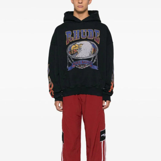 Rhude Hoodie Alphabet Eagle Flame Sleeve Hooded Sweater