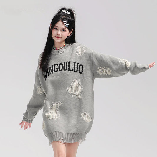 Women Sweater Distressed Loose All-Matching Knitted Sweater