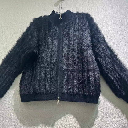 Women Knitted Cardigan Imitated Mink Plush Coat Jacket Loose Knitted Cardigan