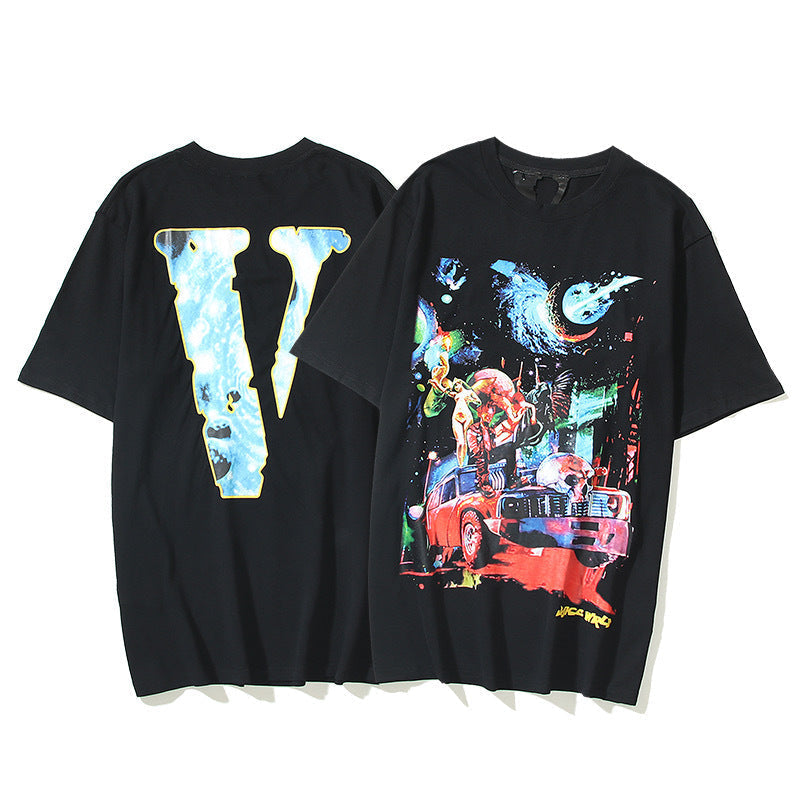 Vlone T Shirts Painted Graffiti Large V Short Sleeve T-shirt Men and Women Couple Street Hip Hop Half Sleeve