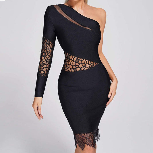 Women Evening Dress Fall/Winter Sexy Lace Cutout Slim Fit Bandage One-Piece Dress