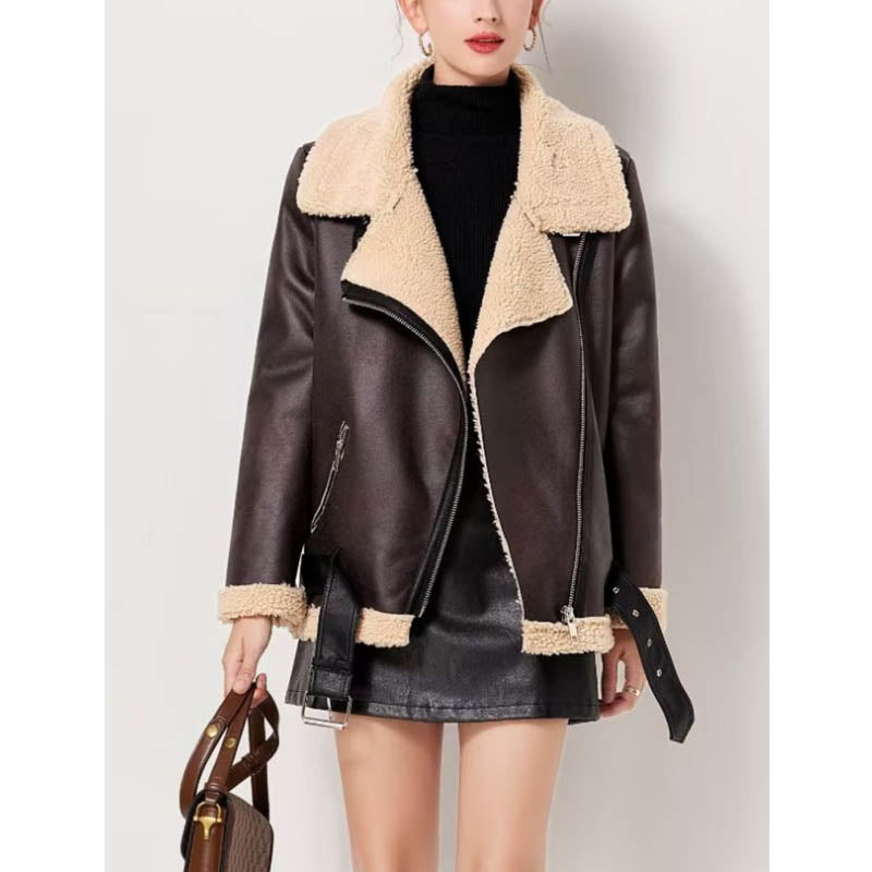 Women Cotton Coat Stand Collar Zipper Leather Coat Warm