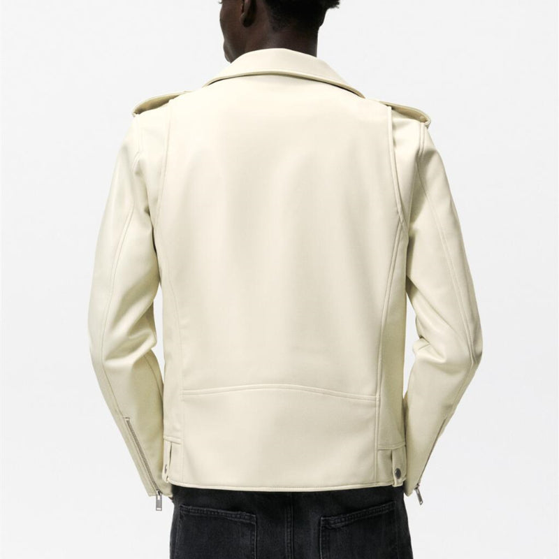 Men Motorcycle Jacket Autumn and Winter Imitation Leather Motorcycle Oblique Zipper Jacket Coat Leather Coat