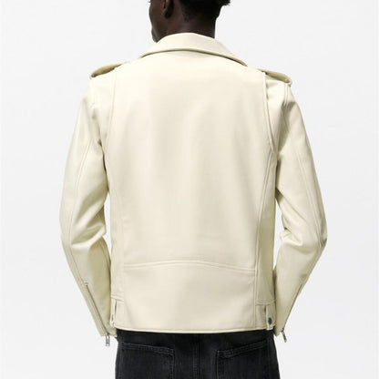 Men Motorcycle Jacket Autumn and Winter Imitation Leather Motorcycle Oblique Zipper Jacket Coat Leather Coat