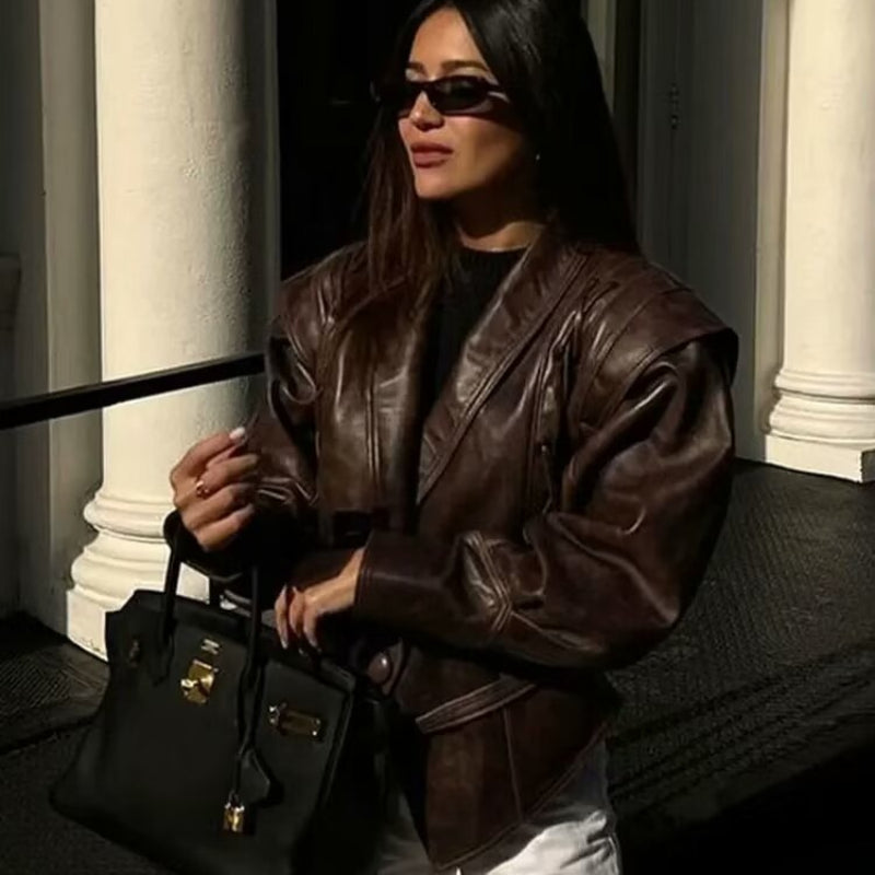 Women Tops Spring Retro Coffee Color Brown Leather Coat V-neck Lace-up Top