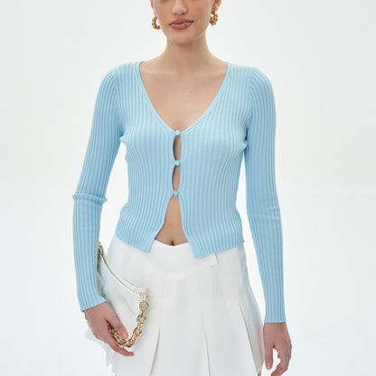 Women Tops Spring/Summer V-neck Hollow Cardigan Solid Color Short Top