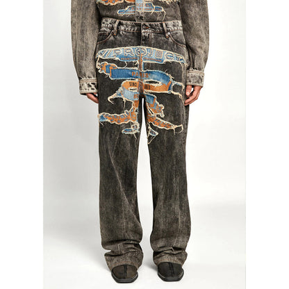 Unisex Pants Make Old Patch Embroidered Loose Jeans