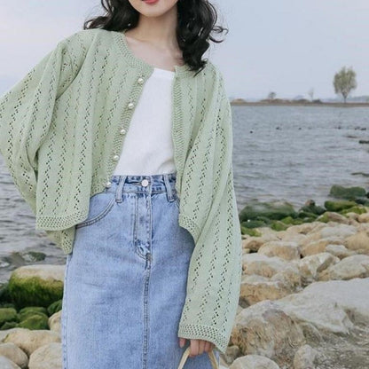 Women Knitted Cardigan Jacket Sun Protection Shirt Hollow Top
