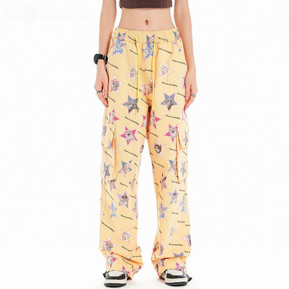 Cargo Pants Summer Cat Full Printed Drawstring