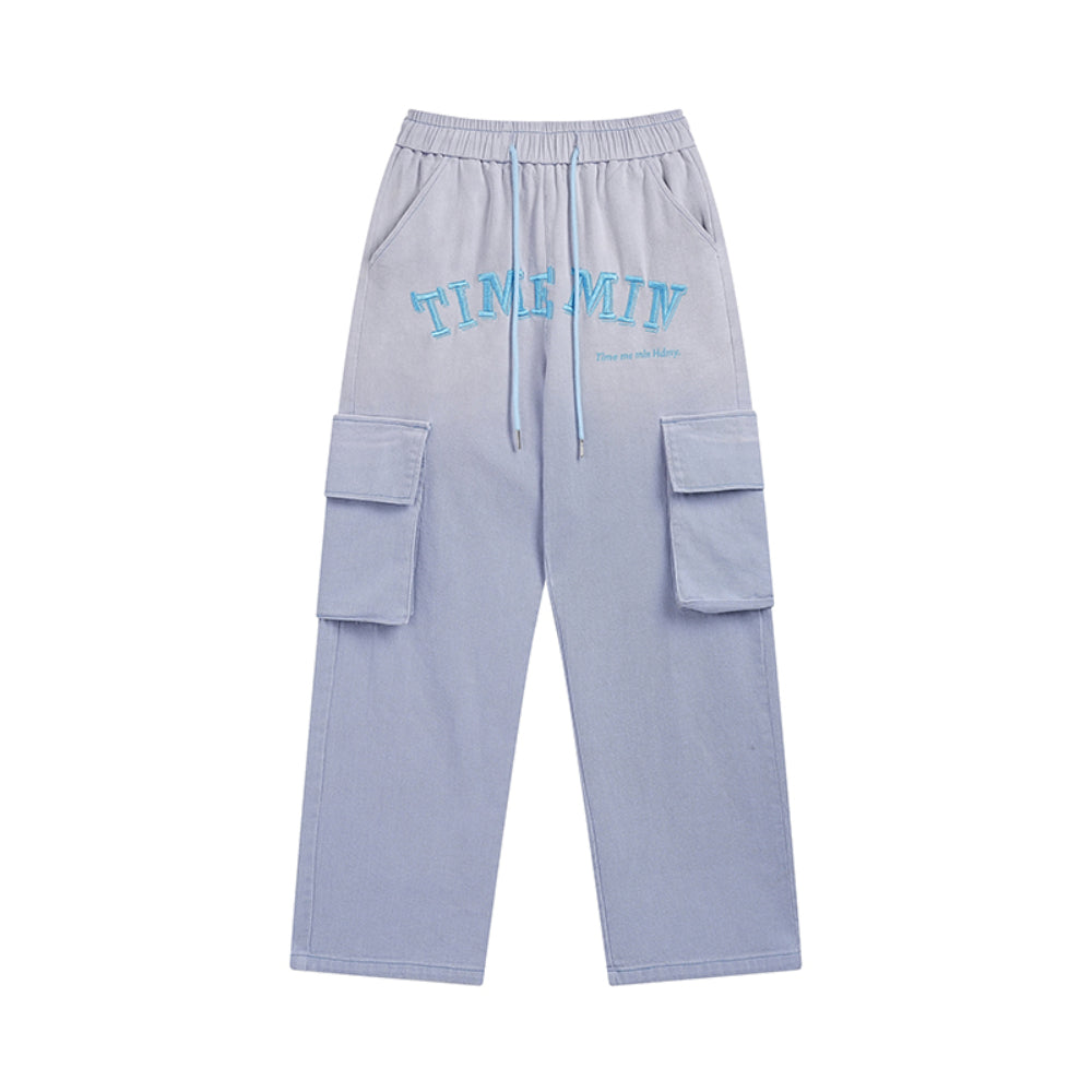 Men Sweatpants Wash Water Gradient Tie-Dye Straight-Leg Trousers Embroidery Loose Pockets Workwear Casual Pants