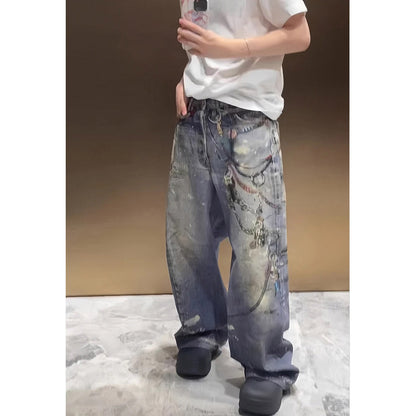 Unisex Pants Distressed Ink-splashed Loose-fitting Chain Jeans