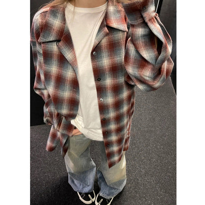 Unisex Shirts BIGTHING Margiela Style Vintage Rust Red Checkered Jacket