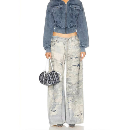 Unisex Pants Distressed Relaxed Wide-leg Jeans