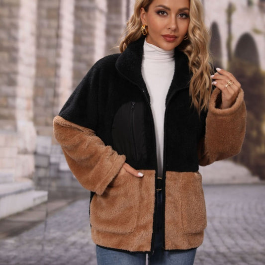 Women Trench Coat Lapel Long Sleeve Loose Color Matching Zipper Thickening Double-Sided Velvet Casual Jacket