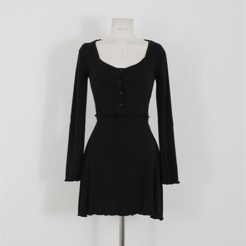Women Dresses Gray V-neck Slip Dress Short Cardigan Long Sleeve Jacket