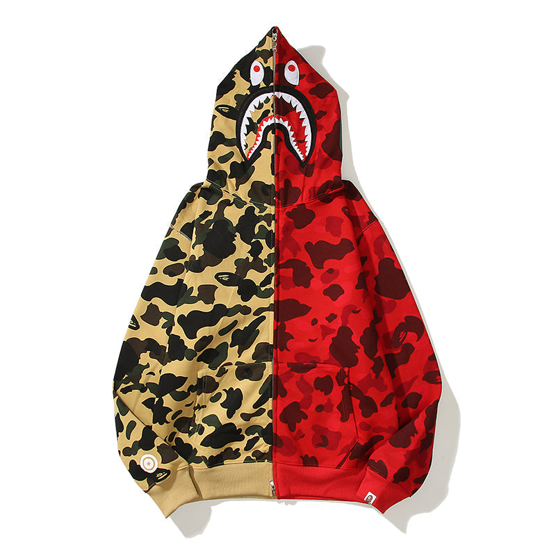Split Color Designer Shark Full Zip Up Unisex Hoodie Y2K Style Streetwear - High-Quality Material - Menswear, Sweaters