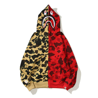 Split Color Designer Shark Full Zip Up Unisex Hoodie Y2K Style Streetwear - High-Quality Material - Menswear, Sweaters