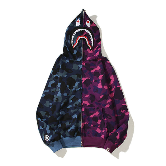 Split Color Designer Shark Full Zip Up Unisex Hoodie Y2K Style Streetwear - High-Quality Material - Menswear, Sweaters