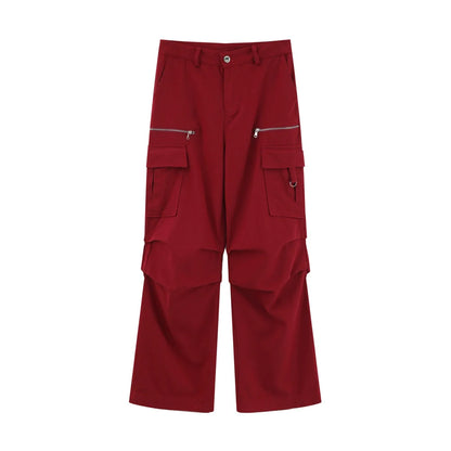 Men Sweatpants Pleated Wide Leg Straight Casual Trousers Multi-Pocket Pants