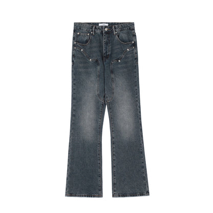 Men Jeans Solid Color Stitching Personality Slightly Flared Loose White