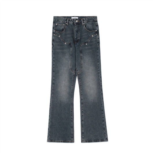Men Jeans Solid Color Stitching Personality Slightly Flared Loose White