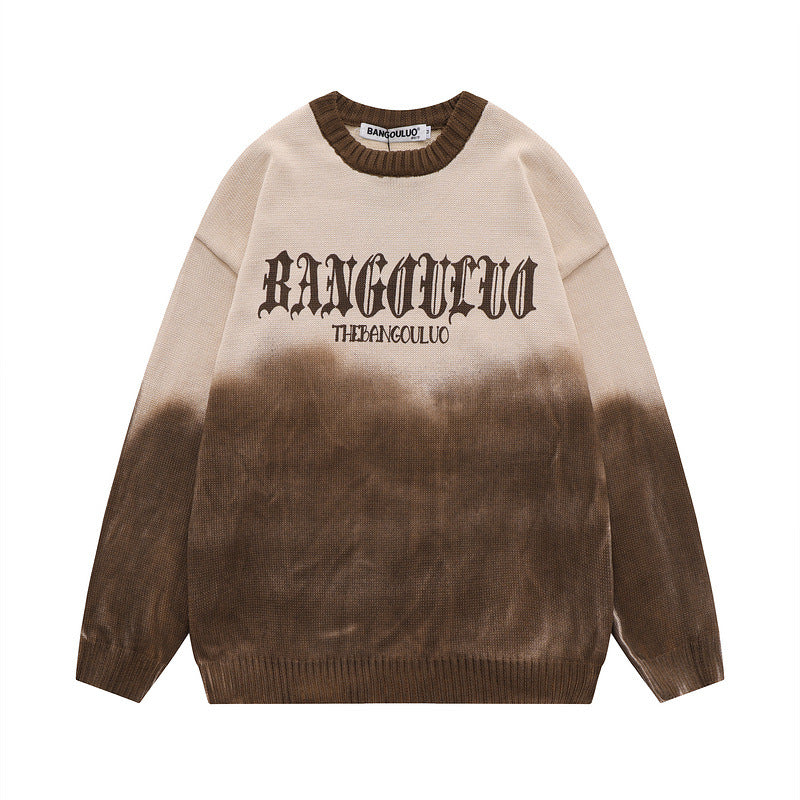 Women Sweater Tie-Dyed Tapered Collar Knitted Sweater Cross Loose All-Match