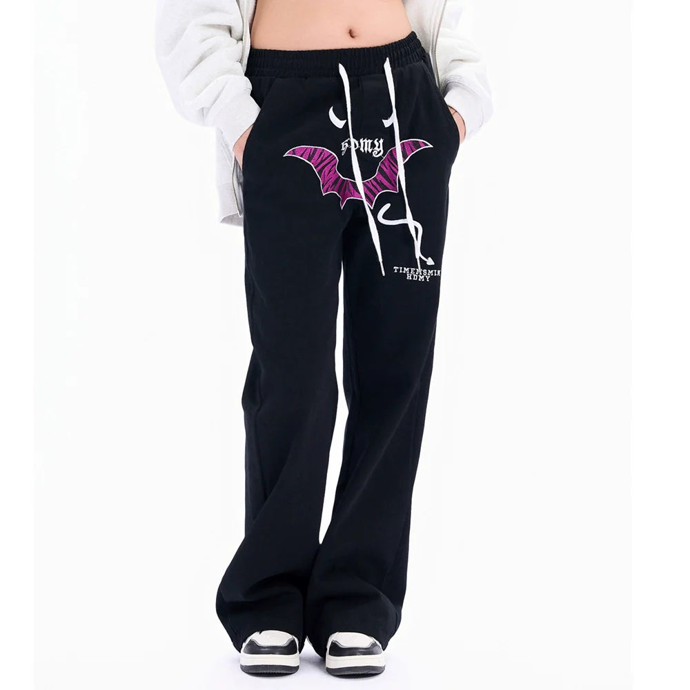 Men Sweatpants Personalized Embroidered Devil Horn Straight Casual Trousers Hip Hop Diagonal Cloth Jeans