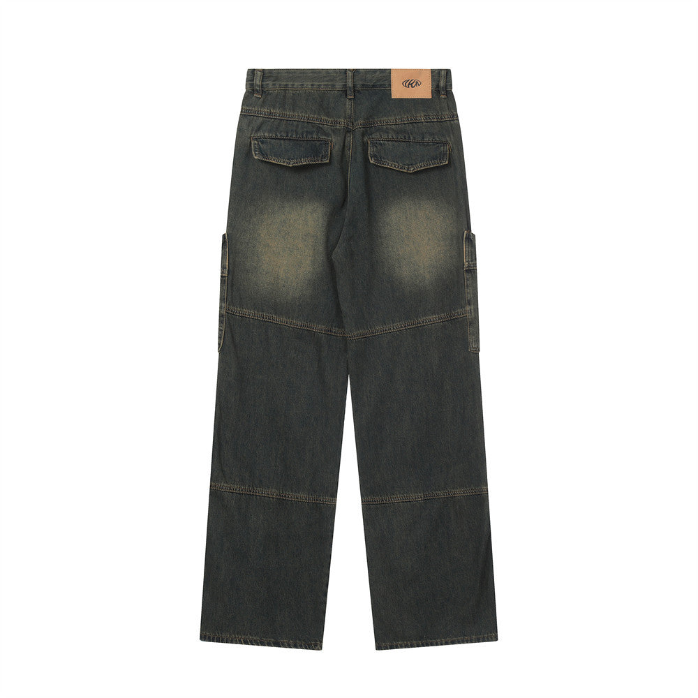 Men Jeans Overalls Loose Distressed Retro Multi-Pocket Trousers
