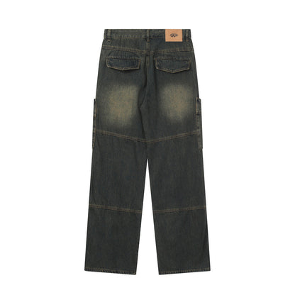 Men Jeans Overalls Loose Distressed Retro Multi-Pocket Trousers