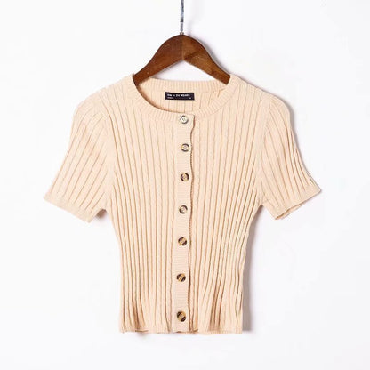 Women Sweater Knitwear Spring/Summer Slim Fit Small round Neck Single-Breasted Knitted Short-Sleeved Cardigan Jacket