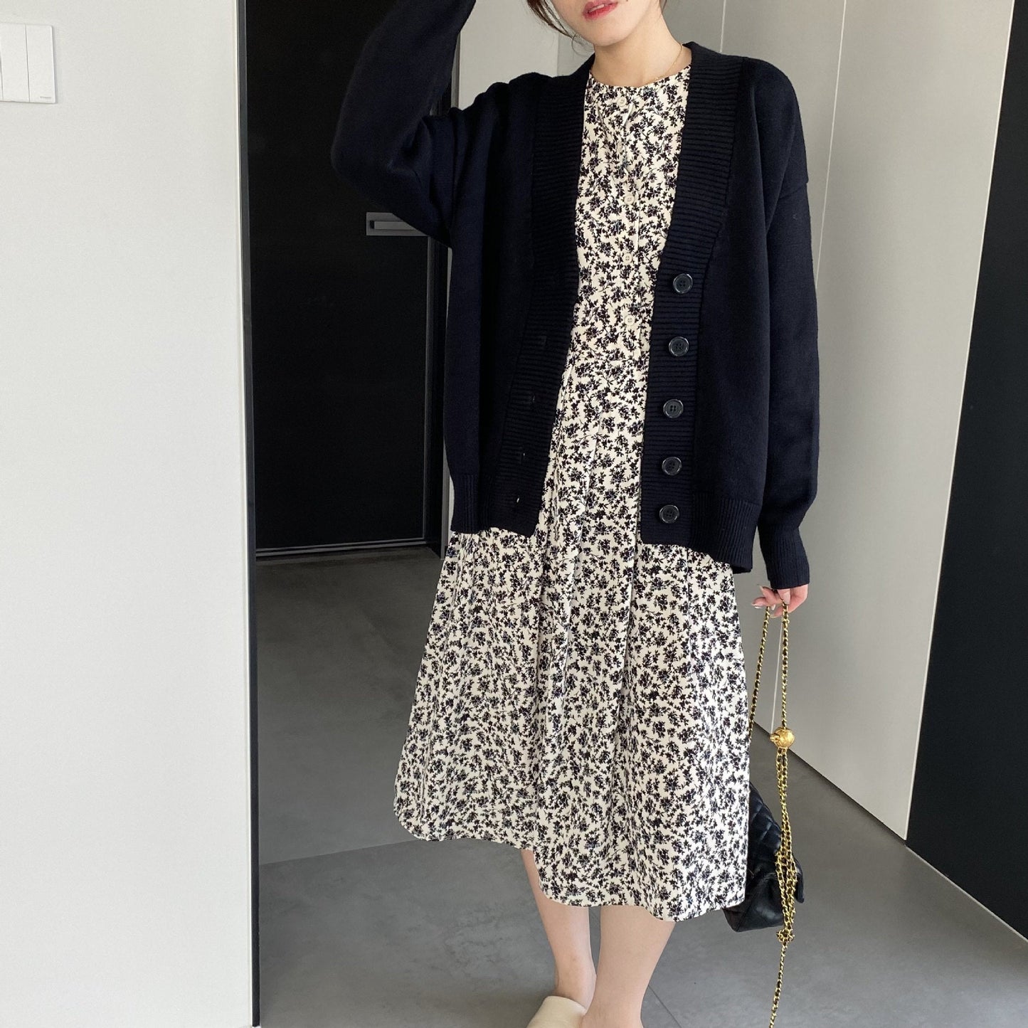 Women Cardigan Sweater Cardigan Single-Breasted V-neck Mid-Length Knitted Jacket 8t8278