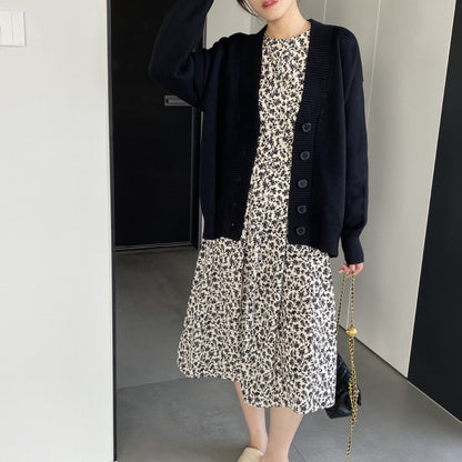 Women Cardigan Sweater Cardigan Single-Breasted V-neck Mid-Length Knitted Jacket 8t8278