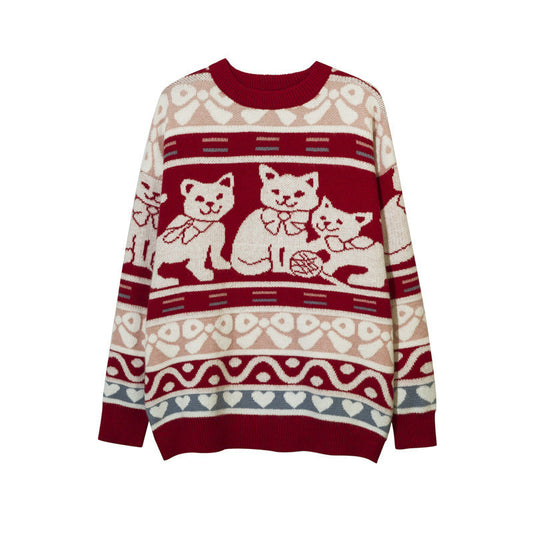 Women Sweater Cat Pattern Crew Neck Sweater Vintage Sweater